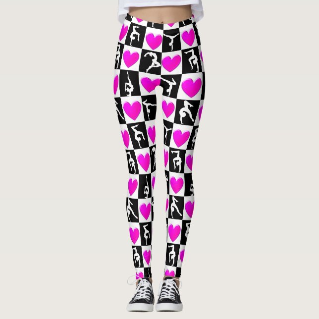 PRETTY PINK AND BLACK HEART GYMNASTICS LEGGINGS (Front)