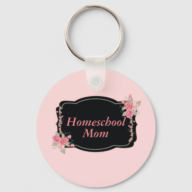Pretty Pink and Black Homeschool Mom Floral Keychain (Front)