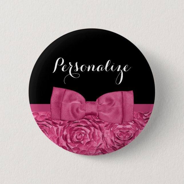 Pretty Pink and Black Rose Floral Chic Bow Button (Front)
