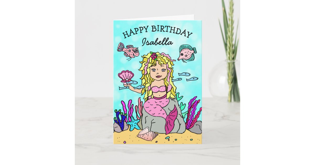 Pretty Pink And Blonde Mermaid Happy Birthday Card Zazzle Com