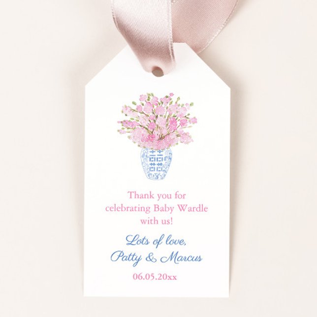Pretty Pink And Blue Baby Girl Shower Favor Tags (Preppy pale blue & white ginger jar with watercolor pink cherry blossom stems baby shower favor tags)