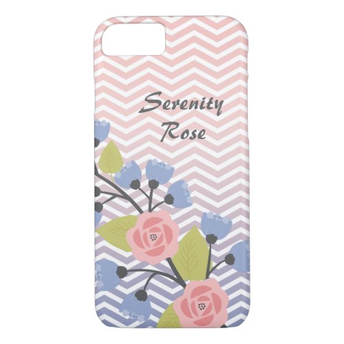 Pretty Pink and Blue Chevron Floral With Name iPhone 87 Case