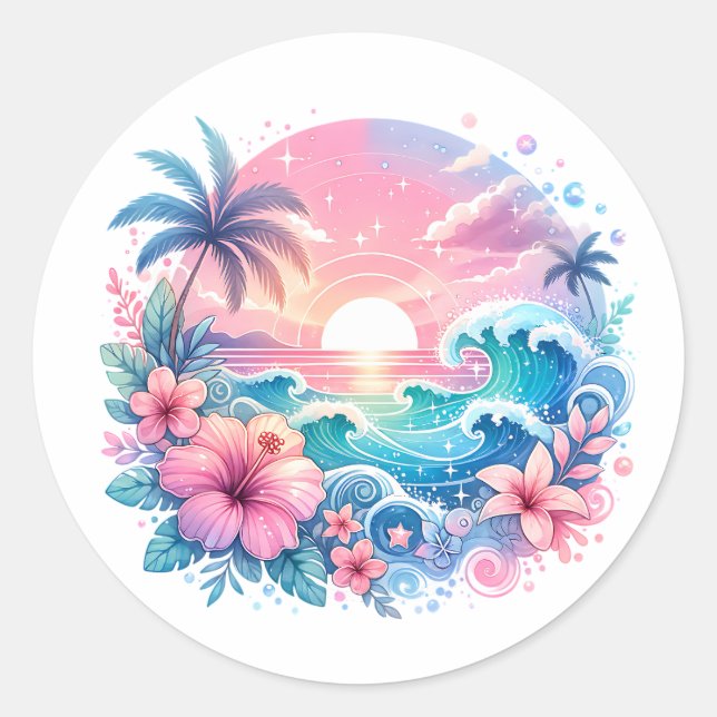 Pretty Pink and Blue Coastal Art Classic Round Sticker (Front)
