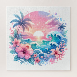Pretty Pink and Blue Coastal Art Jigsaw Puzzle