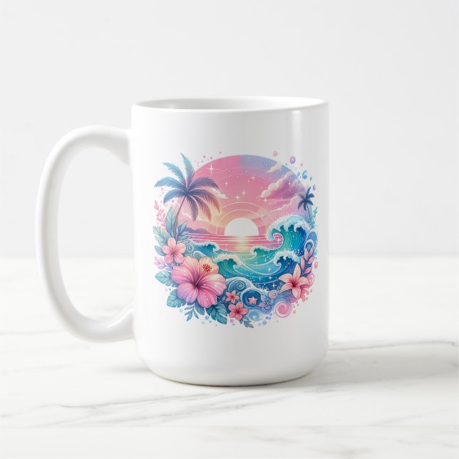 Pretty Pink and Blue Coastal Art Personalized Coffee Mug (Left)