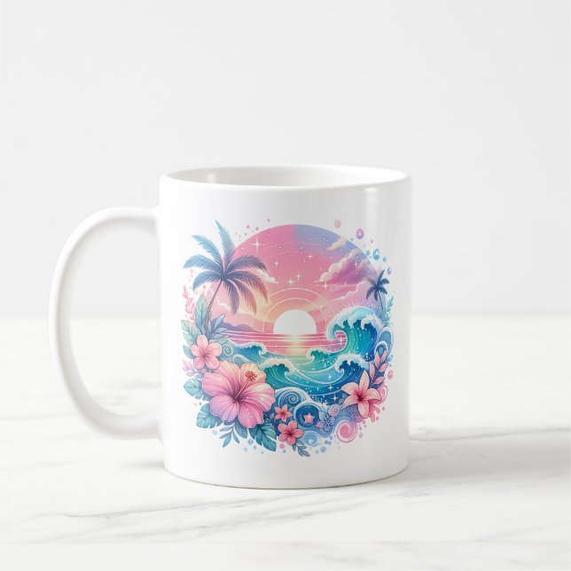 Pretty Pink and Blue Coastal Art Personalized Coffee Mug (Left)
