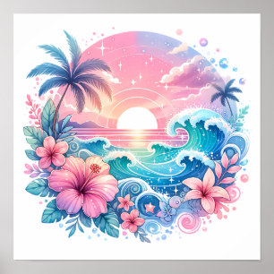 Pretty Pink and Blue Coastal Art Poster