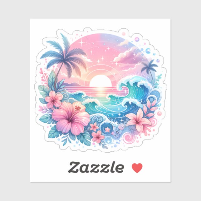 Pretty Pink and Blue Coastal Art Sticker (Sheet)