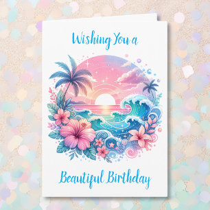 Pretty Pink and Blue Coastal Birthday Card