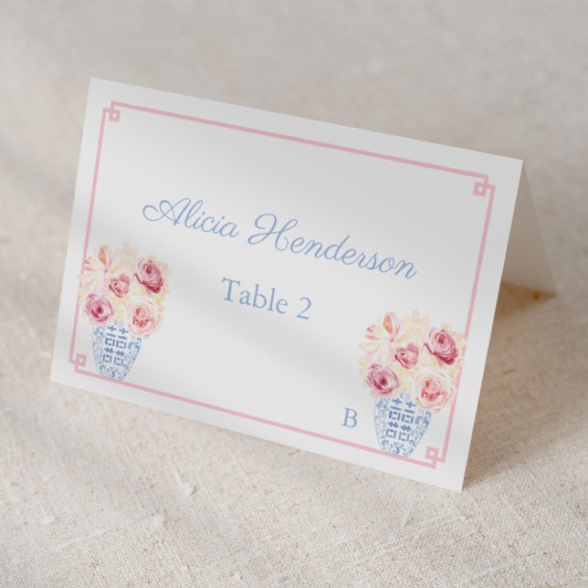 Pretty Pink And Blue Floral Baby Shower Place Card (Pretty pink and blue individual place card design featuring roses in ginger jar and greek key print)