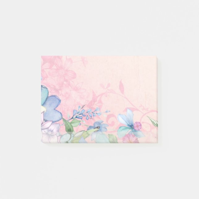 Pretty Pink and Blue Floral Background Post-it Notes (Front)