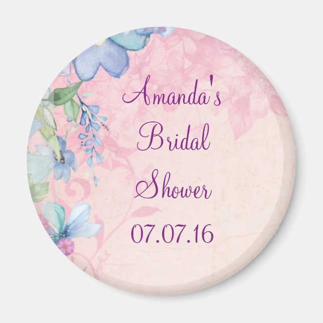 Pretty Pink and Blue Floral Bridal Shower Magnet (Front)