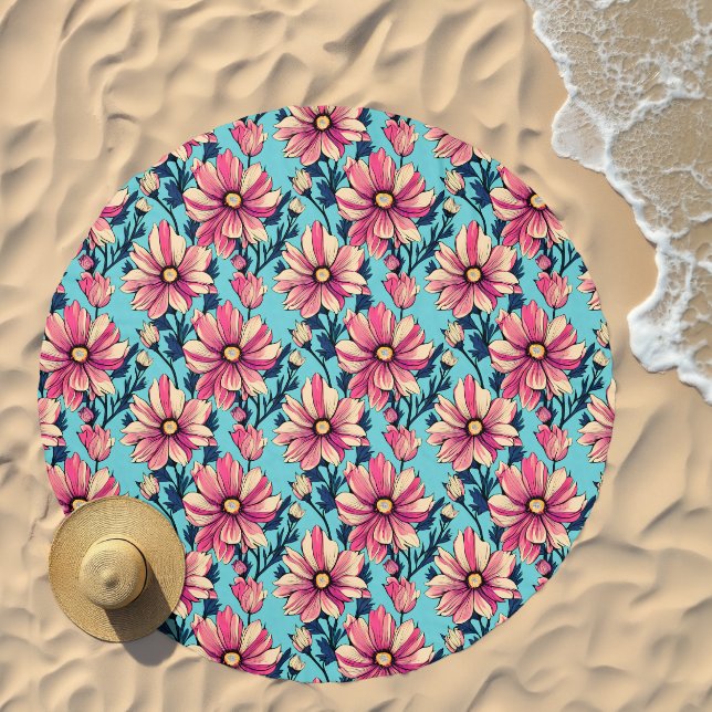 Pretty Pink and Blue Floral Pattern Beach Towel (Beach)