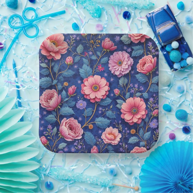 Pretty pink and blue floral pattern paper plates (Party)