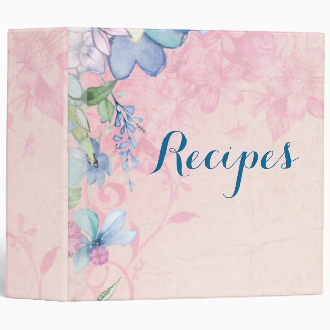 Pretty Pink and Blue Floral Recipes 3 Ring Binder (Front/Spine)