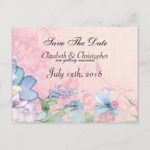 Pretty Pink and Blue Floral Wedding Save The Date Announcement Postcard