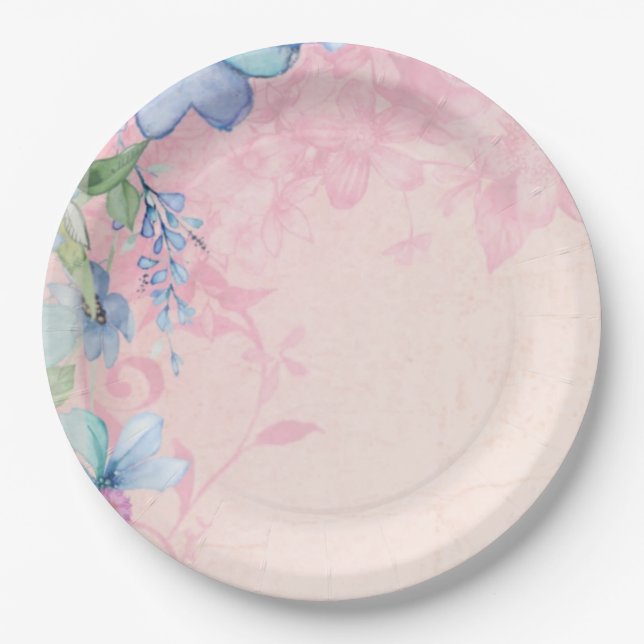 Pretty Pink and Blue Floral Wildflowers Paper Plates (Front)