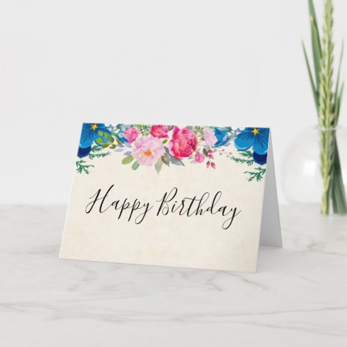 Pretty Pink and Blue Flower Border Birthday Card