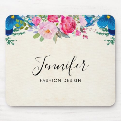 Pretty Pink and Blue Flower Border Mouse Pad