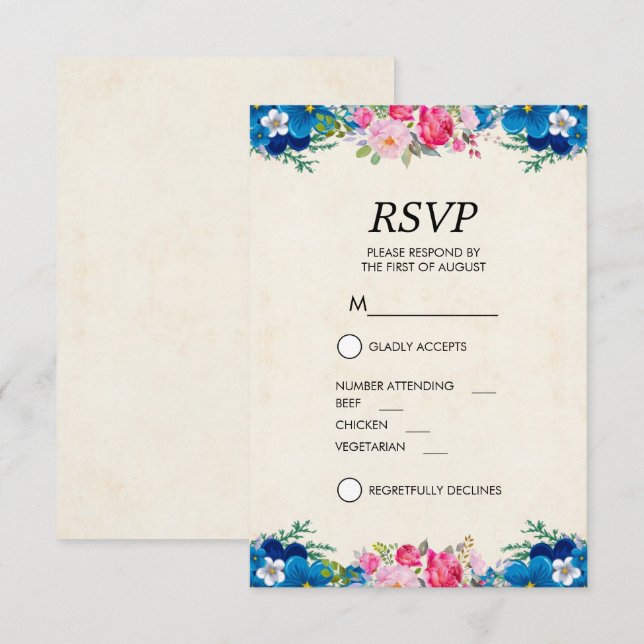 Pretty Pink and Blue Flower Border RSVP Invitation (Front/Back)
