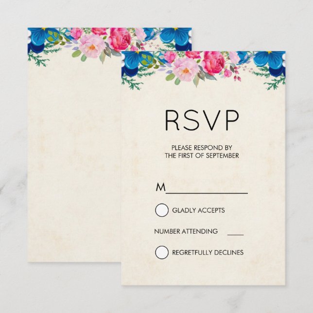 Pretty Pink and Blue Flower Border Simple RSVP Invitation (Front/Back)