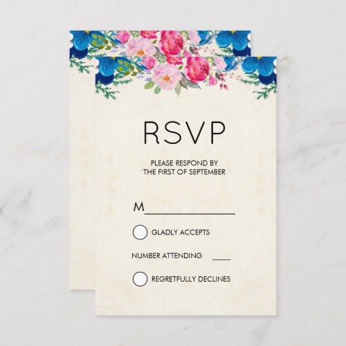 Pretty Pink and Blue Flower Border Simple RSVP Invitation