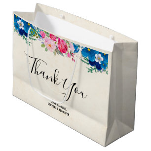 Pretty Pink and Blue Flower Border Thank You Large Gift Bag