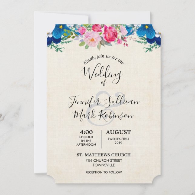 Pretty Pink and Blue Flower Border Wedding Invitation (Front)