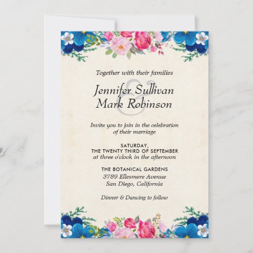 Pretty Pink and Blue Flower Border Wedding Invitation