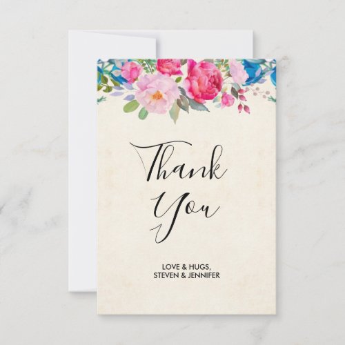 Pretty Pink and Blue Flower Border Wedding Thank You Card