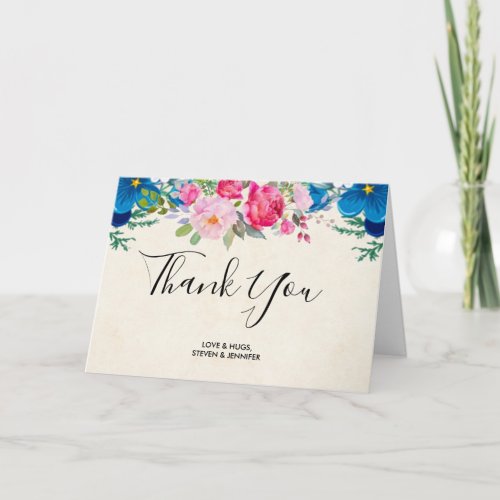 Pretty Pink and Blue Flower Border Wedding Thanks Card