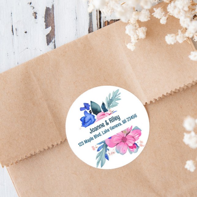 Pretty Pink and Blue Flowers Personalized Classic Round Sticker (Creator Uploaded)