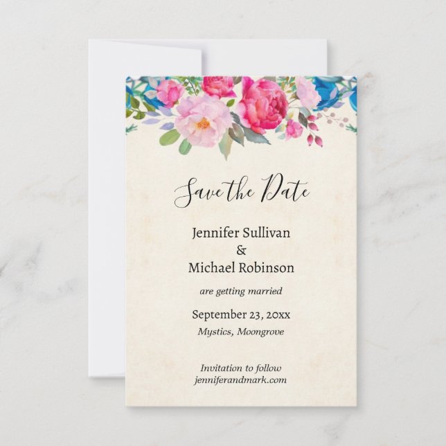 Pretty Pink and Blue Flowers Wedding Save the Date (Front)