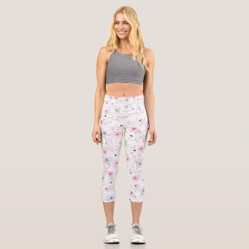 Pretty Pink And Blue Pastel Flowers Capri Leggings