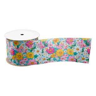 Pretty Pink and Blue Retro Floral Satin Ribbon