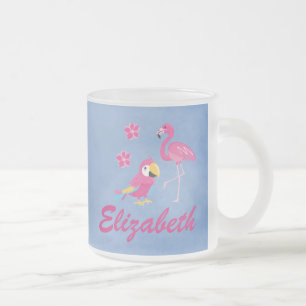 Pretty pink and blue tropical frosted glass coffee mug