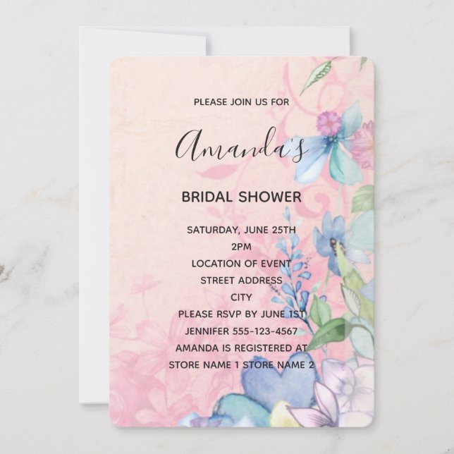 Pretty Pink and Blue Wildflowers Bridal Shower Invitation (Front)