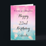 Pretty Pink and Bokeh 22nd Birthday Card<br><div class="desc">A pretty bokeh blue and pink 22nd birthday card for granddaughter,  daughter,  goddaughter,  etc. The front of this pretty 22nd birthday can be easily personalized with her name. The inside card message can also be personalized. This would make a great birthday keepsake for her twenty second birthday.</div>