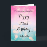 Pretty Pink and Bokeh 22nd Birthday Card<br><div class="desc">A pretty bokeh blue and pink 22nd birthday card for granddaughter,  daughter,  goddaughter,  etc. The front of this pretty 22nd birthday can be easily personalized with her name. The inside card message can also be personalized. This would make a great birthday keepsake for her twenty second birthday.</div>