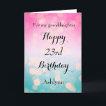 Pretty Pink and Bokeh 23rd Birthday Card<br><div class="desc">A pretty bokeh blue and pink 23rd birthday card for daughter,  niece,  granddaughter,  etc. The front of this pretty 23rd birthday can be easily personalized with her name. The inside card message can also be personalized. This would make a beautiful twenty third birthday card keepsake for her.</div>