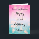 Pretty Pink and Bokeh 23rd Birthday Card<br><div class="desc">A pretty bokeh blue and pink 23rd birthday card for daughter,  niece,  granddaughter,  etc. The front of this pretty 23rd birthday can be easily personalized with her name. The inside card message can also be personalized. This would make a beautiful twenty third birthday card keepsake for her.</div>
