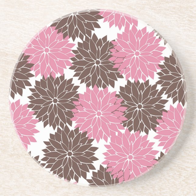 Pretty Pink and Brown Flower Blossoms Floral Print Drink Coaster (Front)