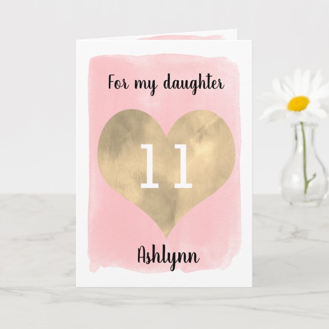 Pretty Pink and Gold 11th Birthday Daughter Card (Small Plant)