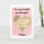 Pretty Pink and Gold 11th Birthday Granddaughter Card<br><div class="desc">A personalized 11th birthday card for granddaughter that features a pretty gold heart against a pink watercolor, which you can personalize underneath with her name. The inside card message reads a heartfelt birthday message, which can be personalized if wanted. The back features the same watercolor gold heart against the pink...</div>
