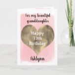 Pretty Pink and Gold 13th Birthday Granddaughter Card<br><div class="desc">A pretty pink and gold 13th birthday granddaughter card that features a beautiful gold heart against a pretty pink watercolor, which you can personalize underneath the heart with her name. The inside of this beautiful birthday card reads a sweet sentiment which an be easily personalized. The back features the watercolor...</div>
