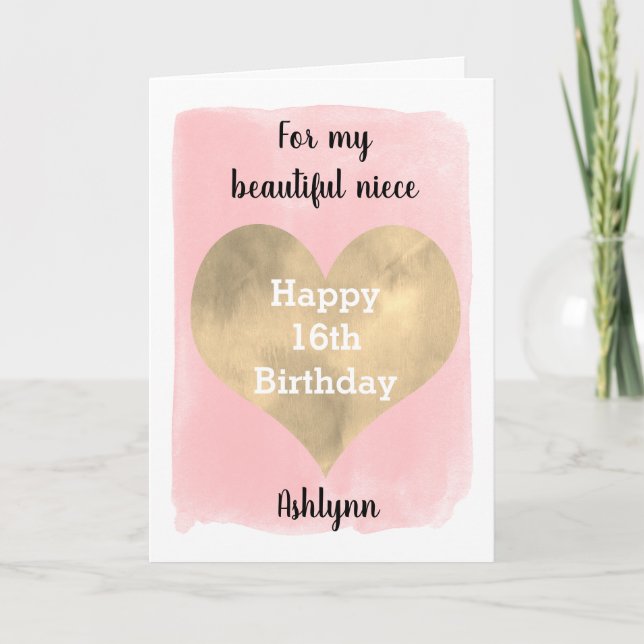 Pretty Pink and Gold 16th Birthday Niece Card (Front)