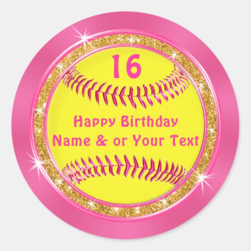 Pretty Pink and Gold Birthday Softball Stickers