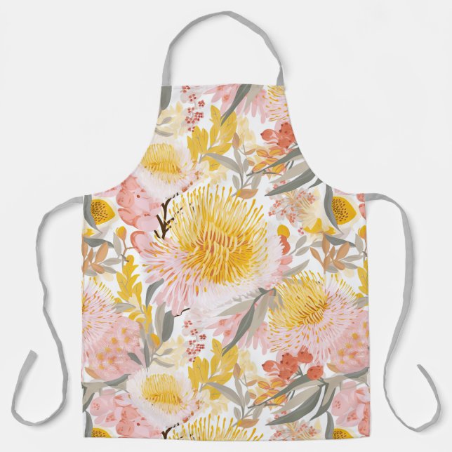 Pretty Pink and Gold Coastal Banksia Floral Apron (Front)