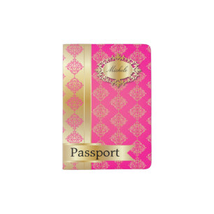 Pretty Pink and Gold Damask Pattern Passport Holder