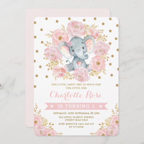 Pretty Pink and Gold Elephant 1st Birthday Jungle Invitation